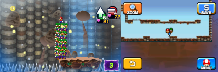 Mario and Luiginoids (in the shape of a stack) near a 50-Coin in Dreamy Mount Pajamaja accessed by the Mega Pi'illo named Phil of Mario & Luigi: Dream Team.