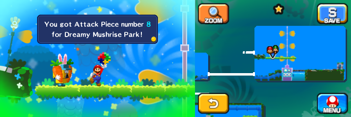 Mario getting an Attack Piece for the Luiginary Ball Luiginary Attack from Dreamy Brickle in Dreamy Mushrise Park accessed by a Eldream Pi'illo of Mario & Luigi: Dream Team.