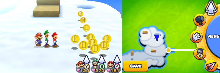 Group near 10 10-Coins in Sunbeam Plains of Mario & Luigi: Paper Jam.