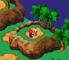 Toad giving Mario a Flower Tab in Mushroom Way of Super Mario RPG: Legend of the Seven Stars.