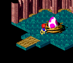 Birdo giving Mario a Castle Key after being defeated in Nimbus Land of Super Mario RPG: Legend of the Seven Stars.