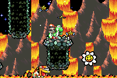 Flower 1: At the beginning of the stage, Yoshi must use Poochy to cross a river of lava, jump onto a high platform and, from there, jump on top of the flower and land back onto Poochy.