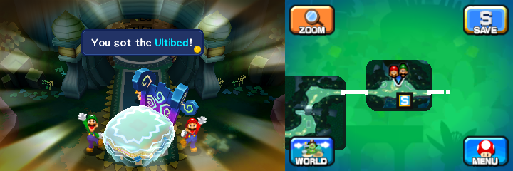 Mario and Luigi getting the Ultibed from the Bedsmith in Somnom Woods of Mario & Luigi: Dream Team.