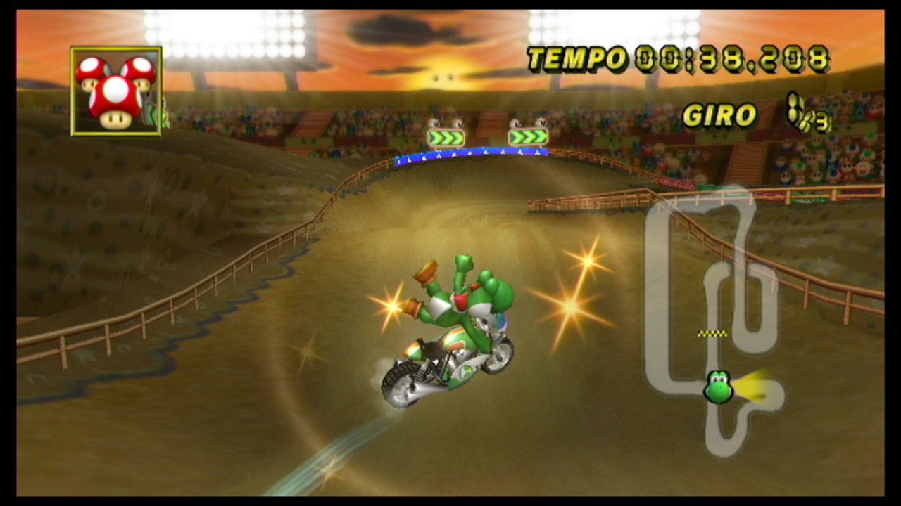 Yoshi, on a Mach Bike, performing a "simple left" trick.