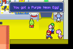 Mario and Luigi getting the Purple Neon Egg from starving purple Yoshi in Yoshi Theater of Mario & Luigi: Superstar Saga.
