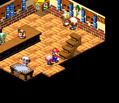 Bellhop giving Mario a gift for having a good stay in the hotel in Marrymore of Super Mario RPG: Legend of the Seven Stars.