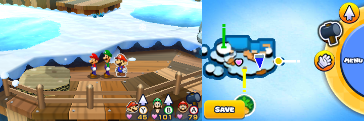 Group near an unflipped paper rock slab containing a 100-Coin in Mount Brrr of Mario & Luigi: Paper Jam.