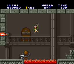 Luigi jumping over a pit of lava in World A-4