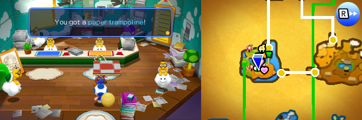 Mario getting the Paper Trampoline from the Delivery Toad in Doop Doop Dunes of Mario & Luigi: Paper Jam.