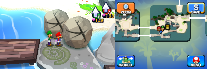 Mario and Luigi near two boulders containing a Coin each in Driftwood Shore of Mario & Luigi: Dream Team.