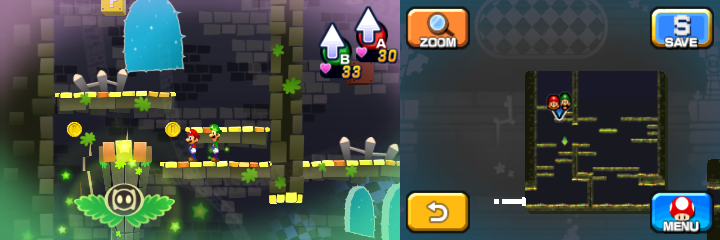 Mario and Luigi near two Coins in Dreamy Pi'illo Castle accessed by a Pink Pi'illo of Mario & Luigi: Dream Team.