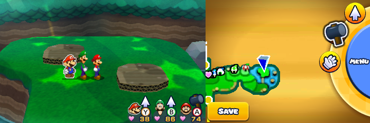 Group near 2 unflipped paper rock slabs containing a 100-Coin each in Gloomy Woods of Mario & Luigi: Paper Jam.