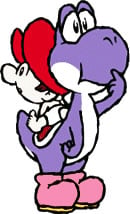 Baby Mario riding on Purple Yoshi in Super Mario World 2: Yoshi's Island artwork.