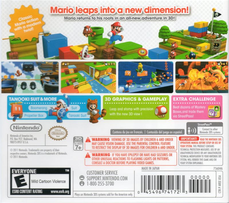 Super Mario 3D Land North American back cover