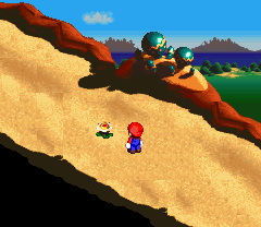 Mario finding a Flower on the Booster Hill of Super Mario RPG: Legend of the Seven Stars.