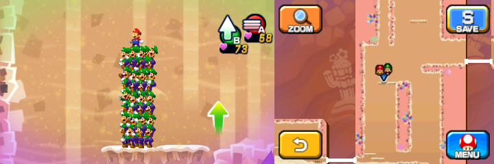 Mario and Luiginoids (in the shape of a stack) on the platform below the part of the scene containing 3 Coins and a 50-Coin in Dreamy Dozing Sands accessed by Dreampoint housing the Dream Stone's spirit of Mario & Luigi: Dream Team.