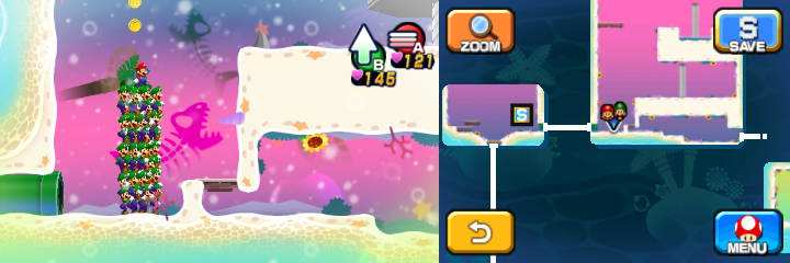 Mario and Luiginoids (in the shape of a stack) near 9 Coins (with 2 visible) in Dreamy Driftwood Shore housing Seadric the Seadring of Mario & Luigi: Dream Team.