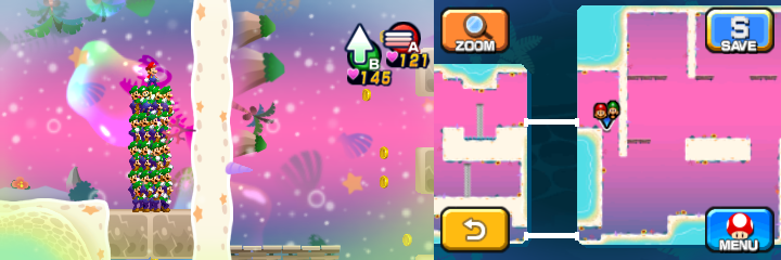 Mario and Luiginoids (in the shape of a stack) on the breakable rocks with a Coin found inbetween the rocks in Dreamy Driftwood Shore housing Seadric the Seadring of Mario & Luigi: Dream Team.