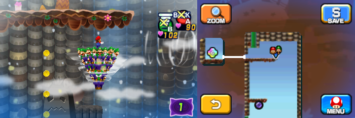 Mario and Luiginoids (in the shape of a cone) near 7 Coins (with 4 visible) in Dreamy Mount Pajamaja accessed by the second Blue Pi'illo of Mario & Luigi: Dream Team.
