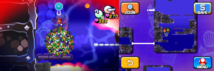 Mario and Luiginoids (in the shape of a ball) near a Coin in Dreamy Neo Bowser Castle accessed by a Dreampoint housing Bowser's dreams of Mario & Luigi: Dream Team.