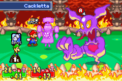 A screenshot of the battle against Cackletta's soul from Mario & Luigi: Superstar Saga.