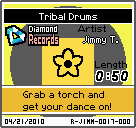 The shelf sprite of one of Jimmy T's records (Tribal Drums) in the game WarioWare: D.I.Y., as it appears on the top screen.
