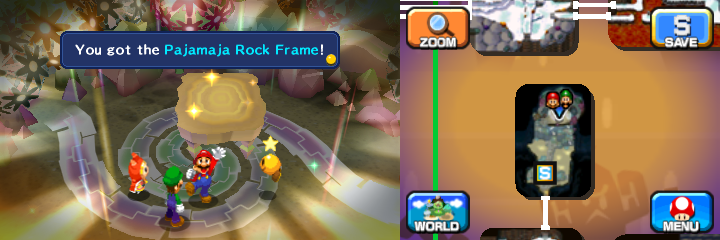 Mario picking up the Pajamaja Rock Frame in Mount Pajamaja of Mario & Luigi: Dream Team.