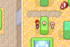 Mario near a Mushroom in Toadtown Square of Mario & Luigi: Superstar Saga.