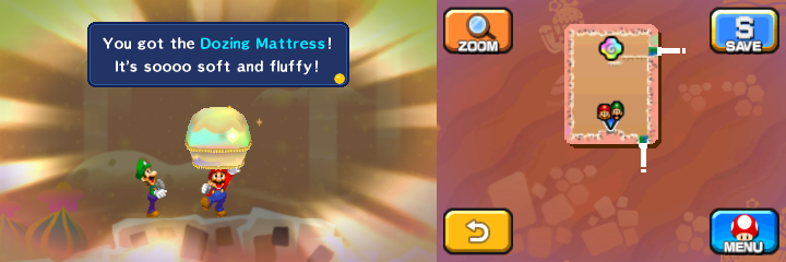 Mario holding the Dozing Mattress in Dreamy Dozing Sands accessed by it's designated Dreampoint of Mario & Luigi: Dream Team.