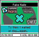 The shelf sprite of one of Ashley's records (Fake Nails) in the game WarioWare: D.I.Y., as it appears on the top screen.