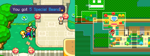 Mario and Luigi receiving five Special Beans from the PR Toad in Toad Town shopping mall