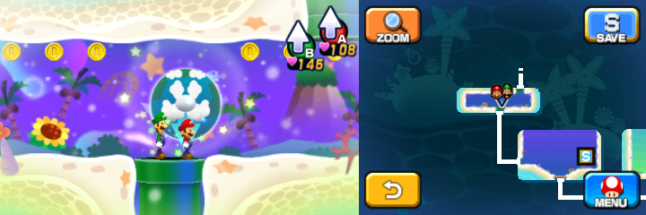 Mario and Luigi near 6 Coins in Dreamy Driftwood Shore housing Seadric the Seadring of Mario & Luigi: Dream Team.