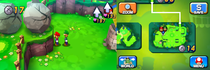 Mario and Luigi near two boulders with one containing a Coin in Mushrise Park of Mario & Luigi: Dream Team.