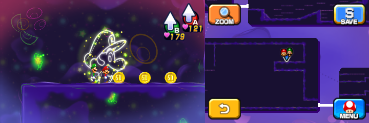 Mario and Luigi near 3 50-Coins in Dream's Deep accessed by Dreamy Pi'illo Castle accessed by the Dreampoint of Mario & Luigi: Dream Team.
