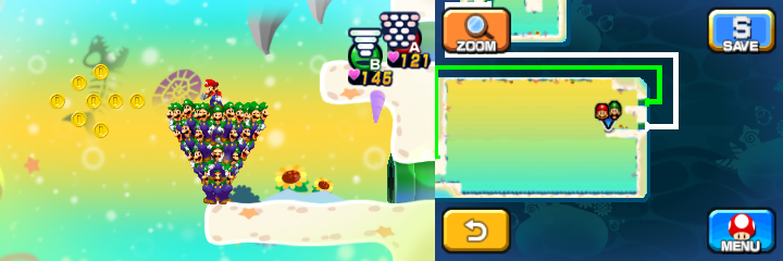 Mario and Luiginoids (in the shape of a cone) near 8 Coins in Dreamy Driftwood Shore housing Seadric the Seadring of Mario & Luigi: Dream Team.