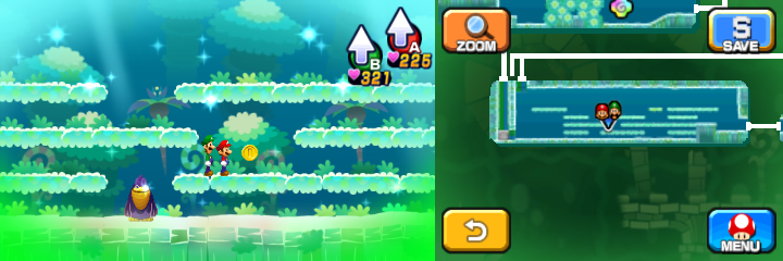 Mario and Luigi near a Coin in Dreamy Somnom Woods accessed by the Dreampoint of Mario & Luigi: Dream Team.