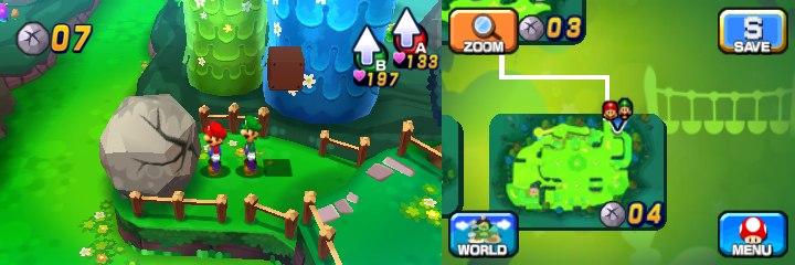 Mario and Luigi near a boulder containing a Coin in Mushrise Park of Mario & Luigi: Dream Team.