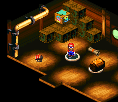 Mario finding a Mushroom in the sixth puzzle room of Sunken Ship of Super Mario RPG: Legend of the Seven Stars.