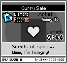 The shelf sprite of one of Jimmy T's records (Curry Sale) in the game WarioWare: D.I.Y., as it appears on the top screen.