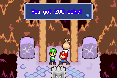 Mario and Luigi finding 200 Coins in the rock found in the Hammerhead Bros. cave in Beanbean Outskirts of Mario & Luigi: Superstar Saga.