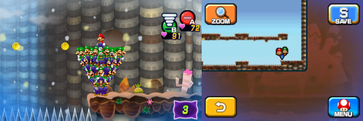 Mario and Luiginoids (in the shape of a cone) near 4 Coins (with 2 visible) in Dreamy Mount Pajamaja accessed by the Mega Pi'illo named Phil of Mario & Luigi: Dream Team.