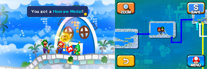 Mario and Luigi holding the Hooraw Medal after defeating Sorrow Fist in Dreamy Wakeport accessed by Big Massif's Dreampoint of Mario & Luigi: Dream Team.