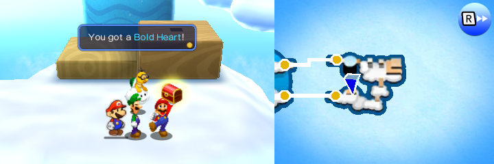 Mario getting the Bold Heart accessory from a Lakitu in Mount Brrr of Mario & Luigi: Paper Jam.
