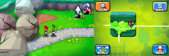 Mario and Luigi near five boulders containing a Coin each in Mushrise Park of Mario & Luigi: Dream Team.