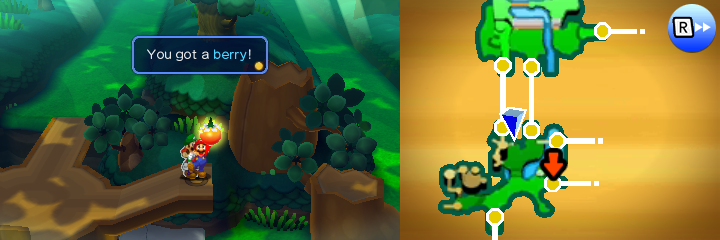 Mario holding a Berry in Gloomy Woods of Mario & Luigi: Paper Jam.