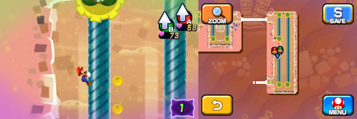 Mario near 7 Coins (with 2 visible) in Dreamy Dozing Sands accessed by fifth Deco Pi'illo of Mario & Luigi: Dream Team.