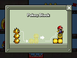 A screenshot of the Help Mode screen for Area 8-3 in Mario vs. Donkey Kong: Mini-Land Mayhem!, demonstrating how to use Pokey Blocks.