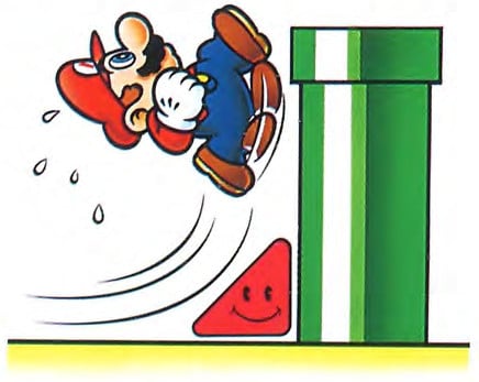 Artwork of Mario using a Triangular Block to run up a Warp Pipe