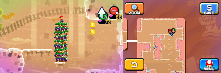 Mario and Luiginoids (in the shape of a stack) near 2 50-Coins in Dreamy Dozing Sands accessed by Dreampoint housing the Dream Stone's spirit of Mario & Luigi: Dream Team.