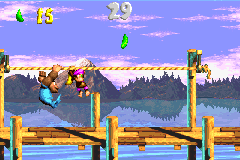 Dixie Kong and Kiddy Kong in the second Bonus Level of Lakeside Limbo in the Game Boy Advance remake of Donkey Kong Country 3